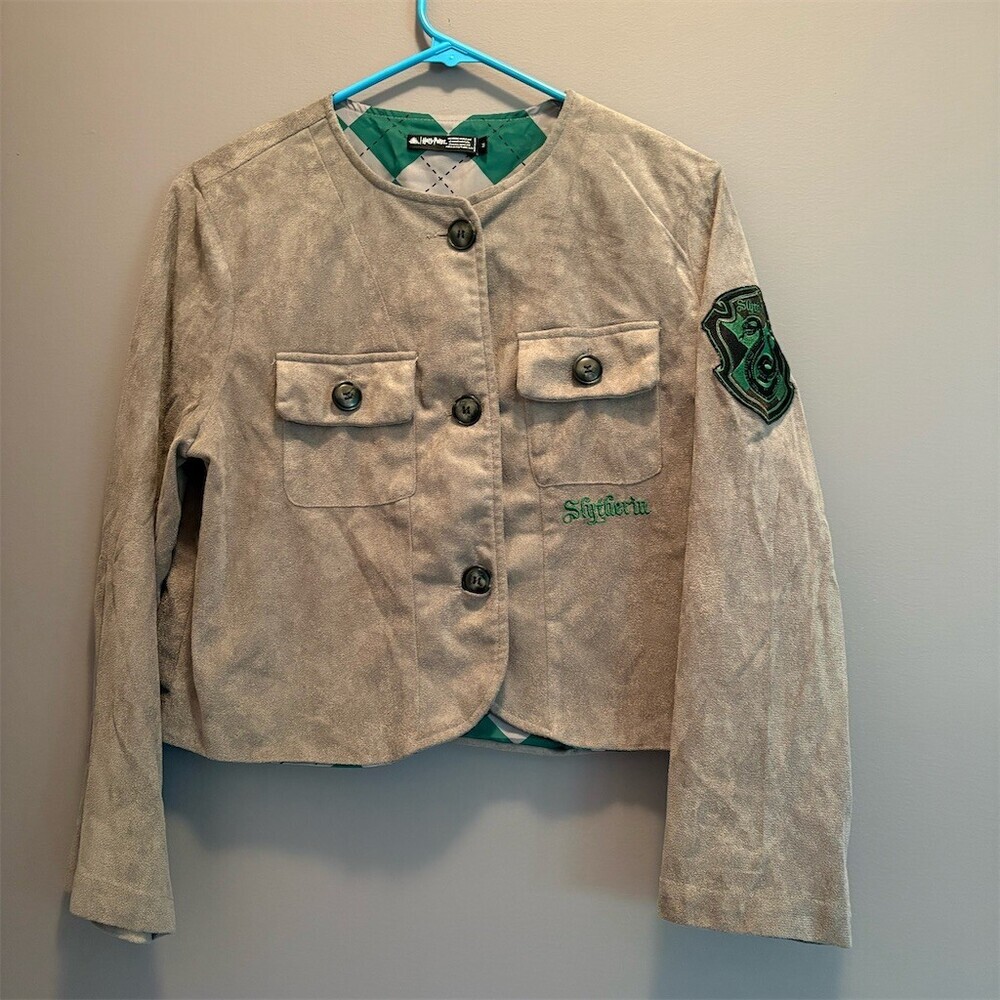 Harry Potter Slytherin Cropped Blazer Jacket Womens Gray Green Size M